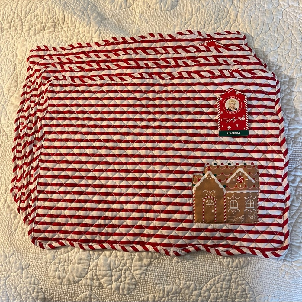 4 Dolly Parton Quilted Christmas Placemat Dollar General 2025 Set Red White NEW